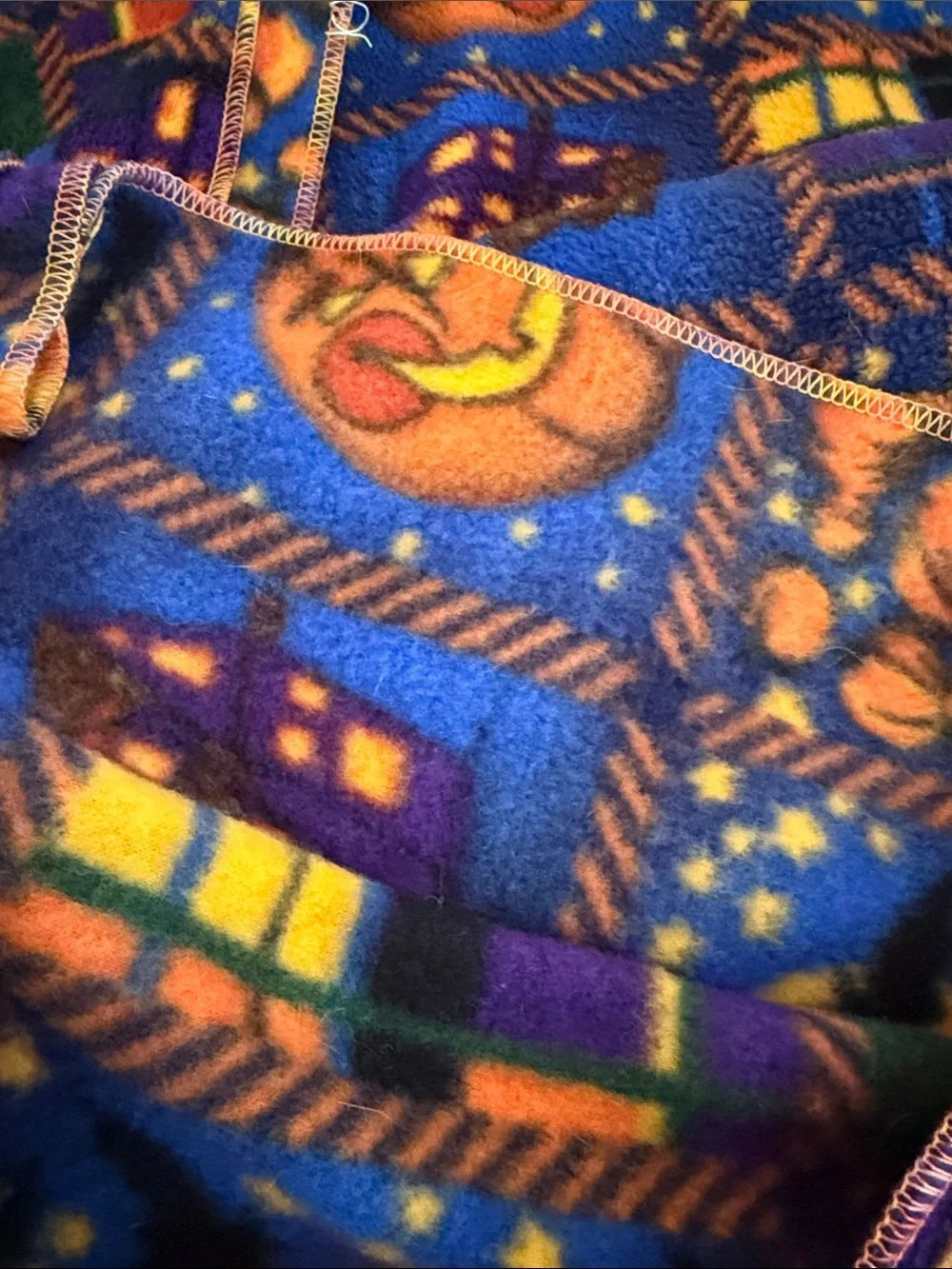 Halloween Patchwork Fleece Throw Blanket - Orange & Blue Pumpkin Motif